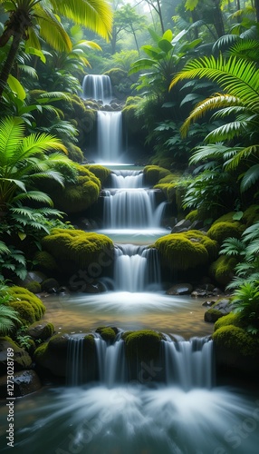 Cascading Serenity, A Tropical Waterfall Oasis Amidst Verdant Foliage