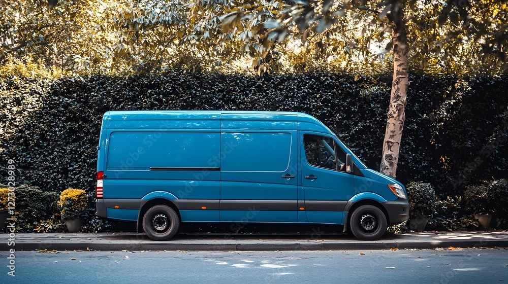 Blue Delivery Van Parked Curbside Urban Street Scene Transportation Vehicle Blue Delivery Van Parked Curbside Urban Street Scene Transportation Vehicle