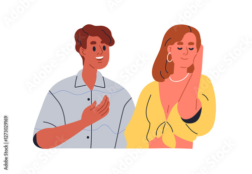 Couple in romantic conversation. Happy man confessing love to shy woman, flirting, complimenting. Male and female affection, feelings expression. Flat vector illustration isolated on white background