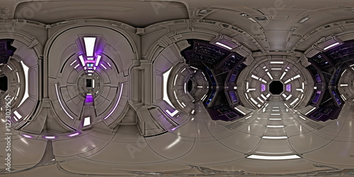 Fototapeta Naklejka Na Ścianę i Meble -  Full 360 degrees seamless spherical panorama HDRI equirectangular projection of a sprawling space station interior. Texture environment map for lighting and reflection source rendering 3d scenes.