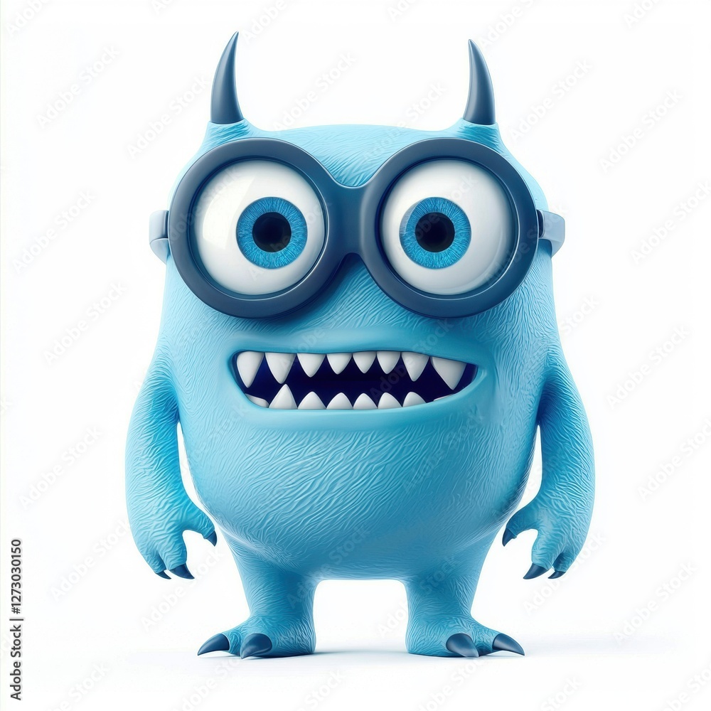 Fototapeta premium Blue one-eyed monster wearing glasses isolated on white background