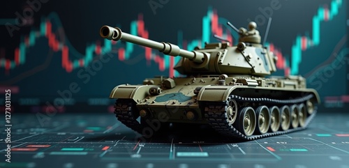 A detailed model of a tank positioned against a backdrop of financial charts, symbolizing military investment or defense stocks in a creative, modern context.