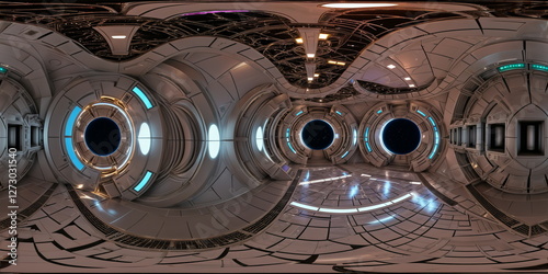 Fototapeta Naklejka Na Ścianę i Meble -  Full 360 degrees seamless spherical panorama HDRI equirectangular projection of a sprawling space station interior. Texture environment map for lighting and reflection source rendering 3d scenes.