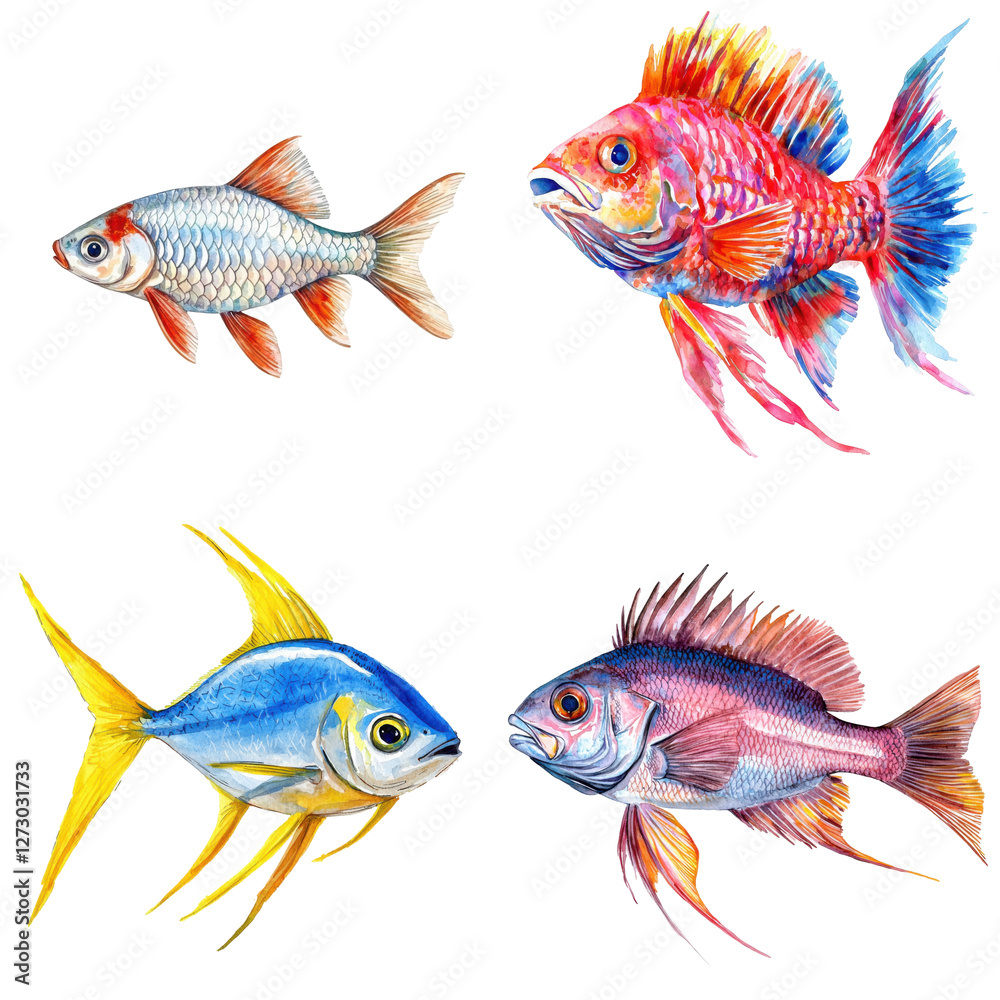 Naklejka premium Vibrant watercolor fish illustrations aquatic environment art showcase colorful background creative viewpoint translate background
