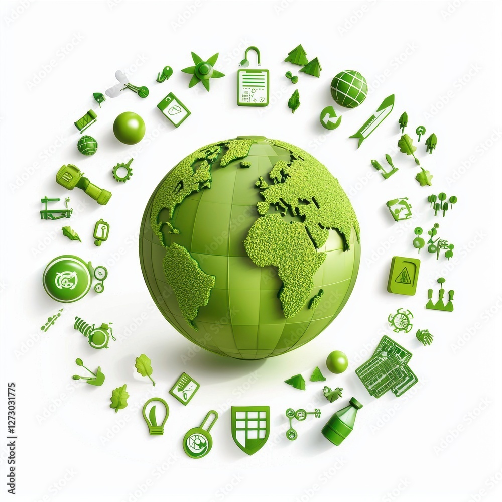 Green globe surrounded by eco-friendly icons isolated on white background Green globe surrounded by eco-friendly icons isolated on white background