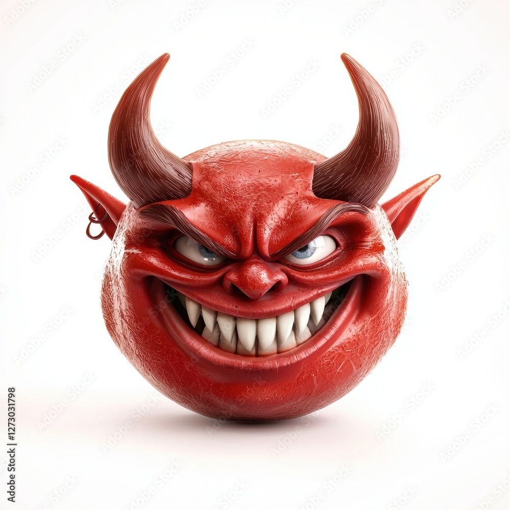 Naklejka premium Grinning devilish creature with sharp horns isolated on white background