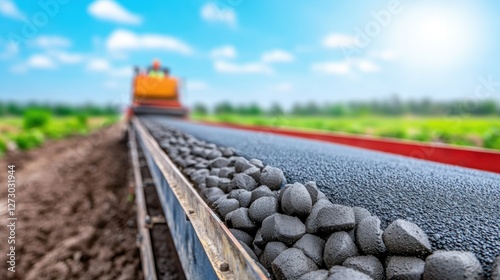 Asphalt road work planning concept. A construction vehicle lays gravel on a roadbed, surrounded by greenery under a bright blue sky, showcasing machinery in action.
