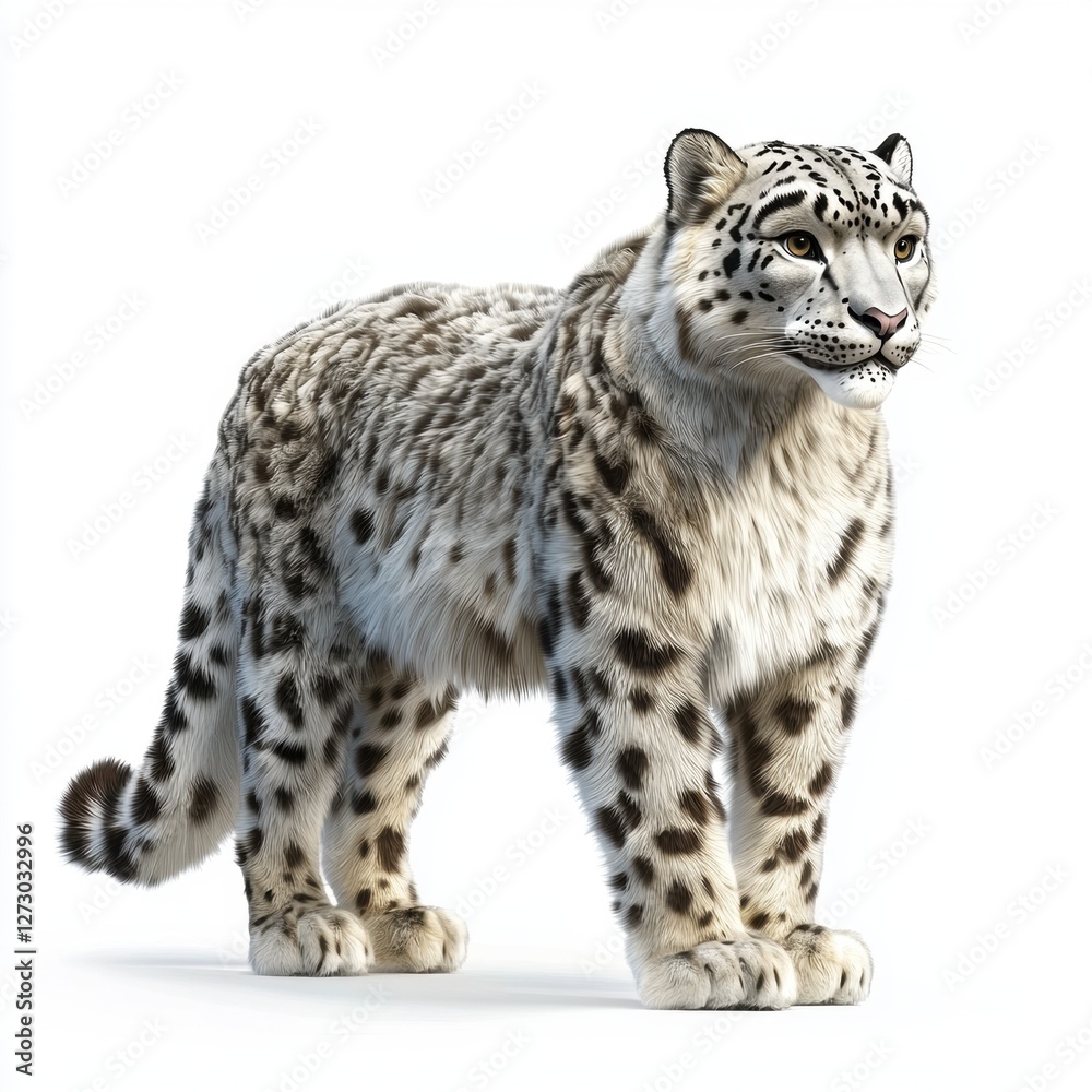 Powerful snow leopard with thick fur isolated on white background