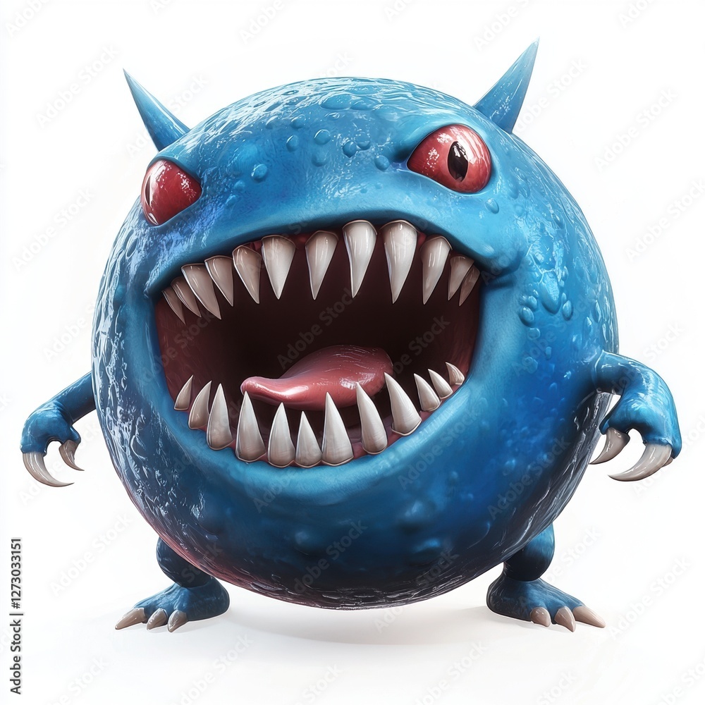 Fototapeta premium Round blue monster with sharp teeth and tiny arms isolated on white background