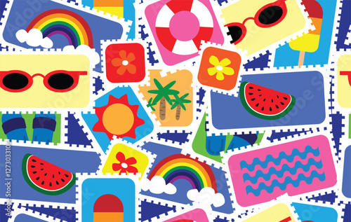 Summer pattern seamless fabric summer season. beach elements on stamp frames on blue. Designed for background ,wallpaper ,summer pattern ,wrapping paper ,travel ,holiday ,weekend ,vacation ,beach