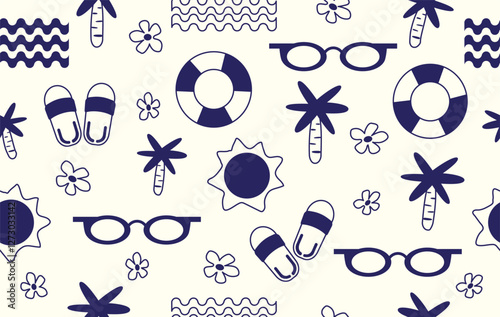Summer pattern seamless fabric summer season. beach elements on blue tone color on white. Designed for background ,wallpaper ,summer pattern ,wrapping paper ,travel ,holiday ,weekend ,vacation ,trip