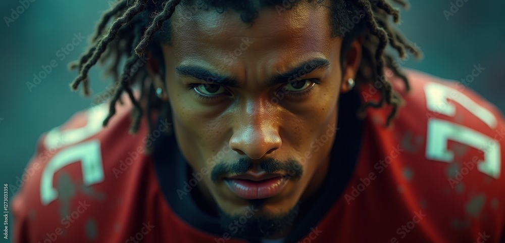 Intense close-up of a determined football player preparing for action, showcasing raw emotion and athleticism in a dynamic sports setting. Intense close-up of a determined football player preparing for action, showcasing raw emotion and athleticism in a dynamic sports setting.