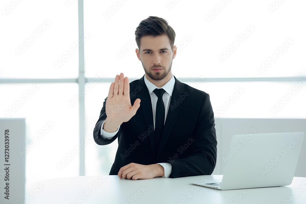 Businessman displays clear stop gesture in modern office. Confident hand signals halt to potential problems deals. 300dpi, 3d illustration Businessman displays clear stop gesture in modern office. Confident hand signals halt to potential problems deals. 300dpi, 3d illustration