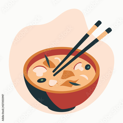 Vector illustration of Tom Yum soup bowl with shrimp and chopsticks on light background