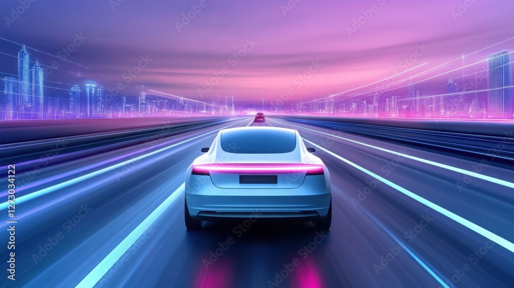 Fototapeta premium A self-driving car navigating a neon-lit smart city, AI-controlled traffic systems, cinematic sci-fi mood