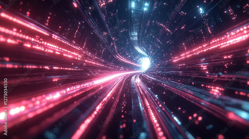 Naklejka premium A high-tech data center with glowing network cables, creating a futuristic tunnel effect, emphasizing fast digital data transfer.