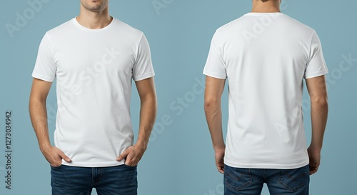 Man Wearing White T-shirt Front and Back View on Blue Background. Mock up