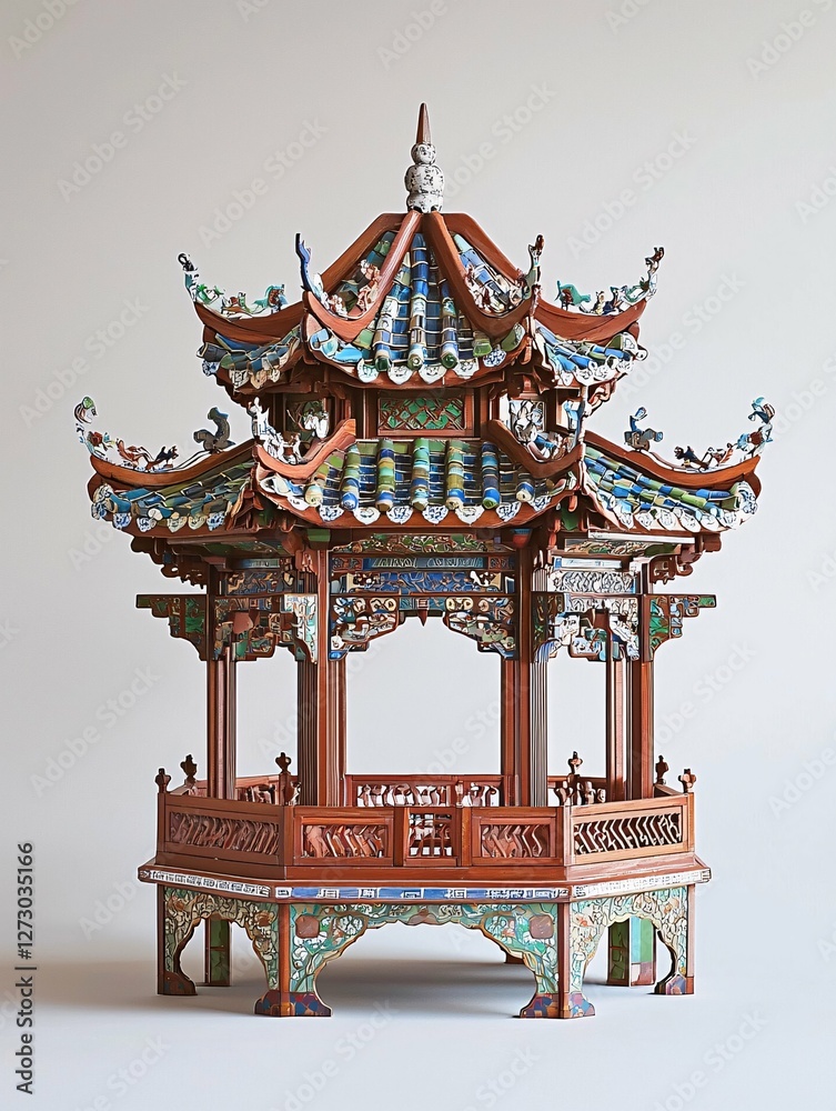 Fototapeta premium A stunning Chinese pavilion features elaborate wood carvings and vibrant tile work, beautifully set against a subtle background, exemplifying traditional craftsmanship.