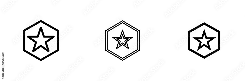 Three black military rank stars inside hexagons, simple illustration on transparent background Three black military rank stars inside hexagons, simple illustration on transparent background