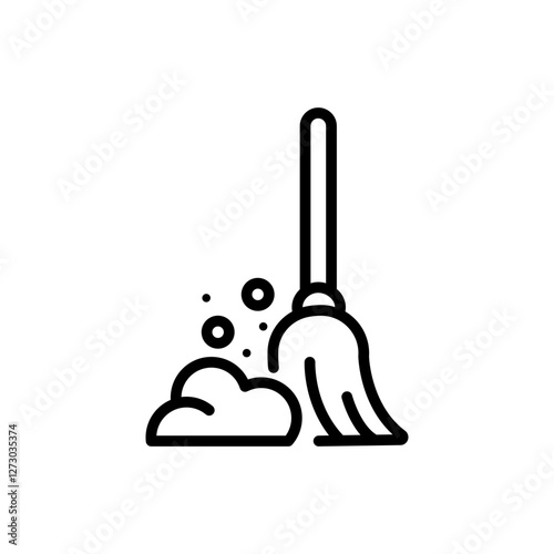 Thin Outline Icon Broom, Besom or Short Brush of Bound Straw Near a Pile of Garbage. Such Line sign as Cleaning Garbage, Cleanup, Sweeping. Vector Computer Pictograms White Background Editable Stroke.