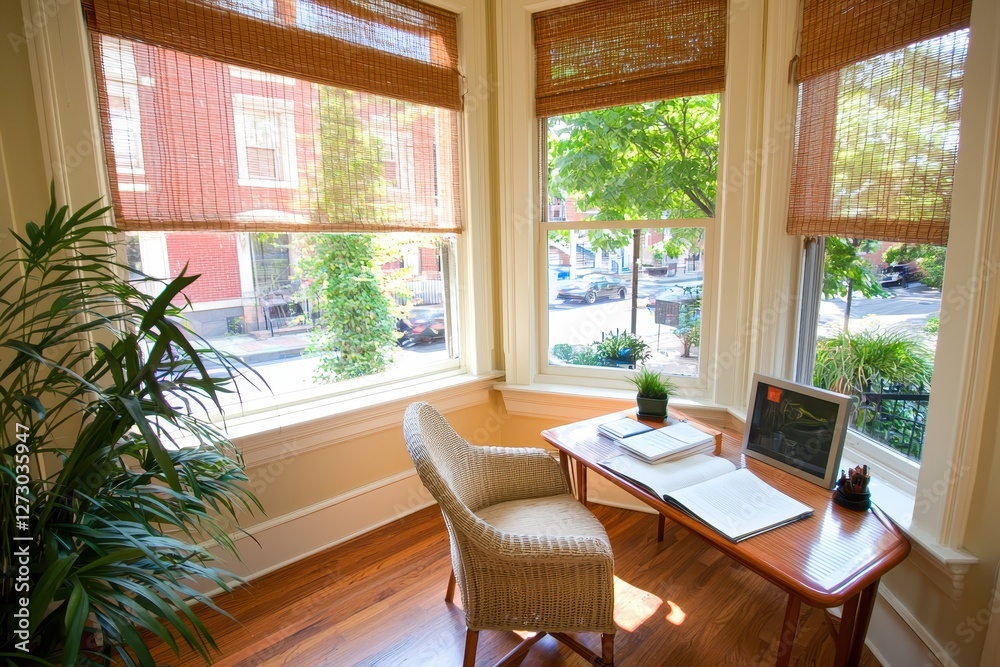Fototapeta premium Bright sunlit home office nook with woven chair and wooden desk overlooking a vibrant urban street scene through bamboo blinds