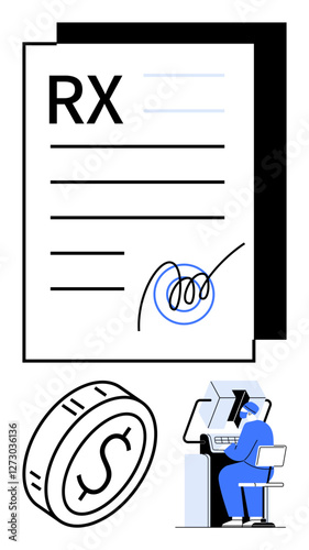 RX form with signature, large coin symbolizing cost, individual at a computer desk. Ideal for healthcare, digital workflow, medical billing, insurance, expenses, documentation abstract line flat
