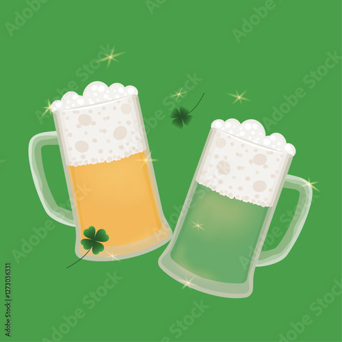 Mugs of green and gold beer and four-leaf clover on green background. Square background St. Patrick's Day. Vector illustration. Flyer for sale and shopping. Leprechaun's magical drink.