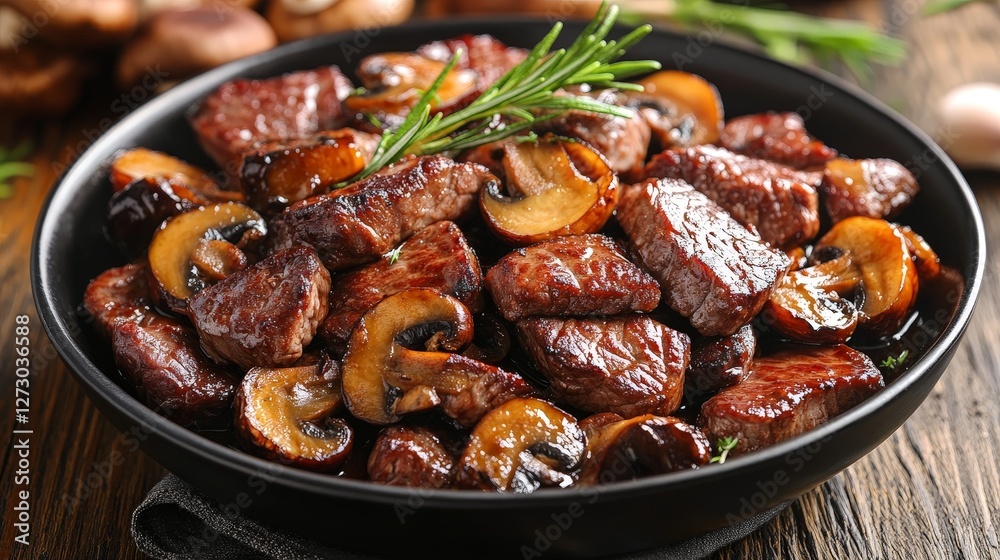 A delicious dish of sautéed beef and mushrooms garnished with herbs. A delicious dish of sautéed beef and mushrooms garnished with herbs.