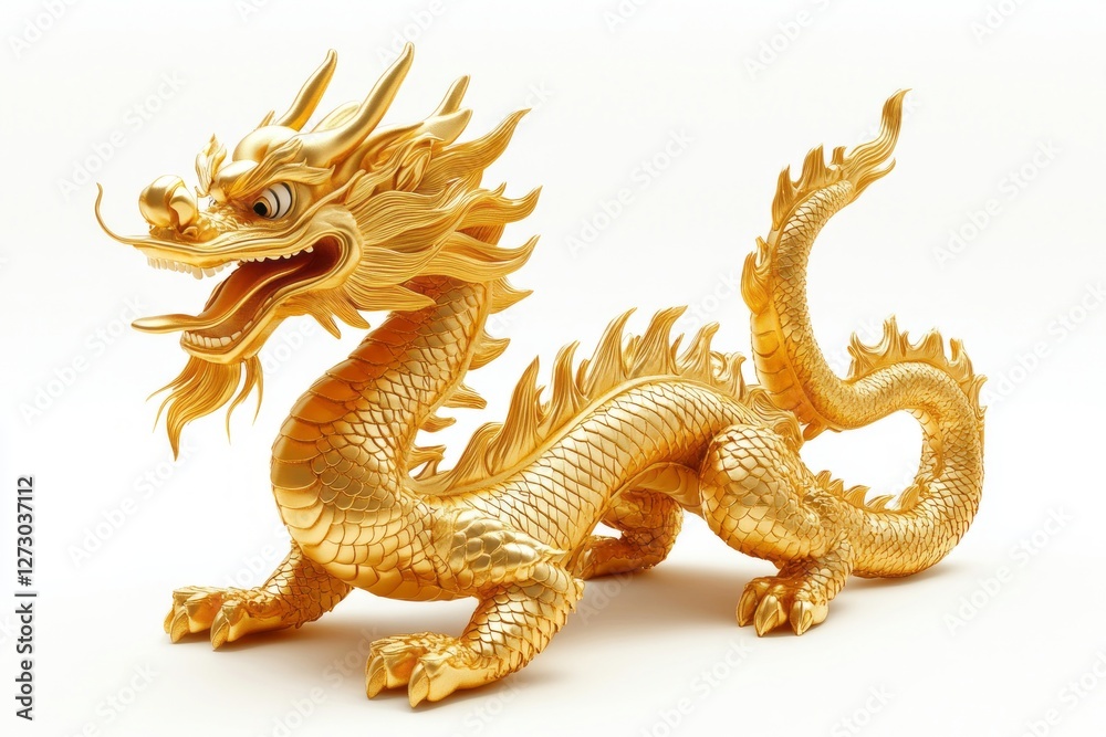 Obraz premium A majestic golden dragon sculpture with intricate details and a fierce expression.