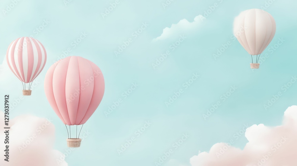 Obraz premium Whimsical hot air balloons flotilla pastel skies digital artwork serene atmosphere aerial view dreamy escape