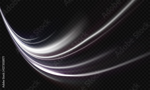 White shiny sparks of spiral wave. Curved bright speed line swirls. Shiny wavy path. Magic golden swirl with highlights. Glowing swirl bokeh effect.