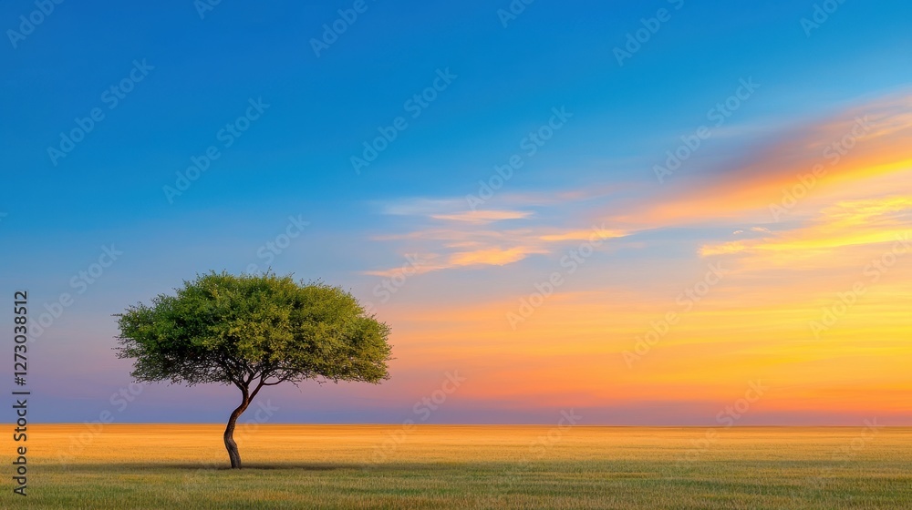 Solitary tree stands in a field beneath a colorful sky Solitary tree stands in a field beneath a colorful sky