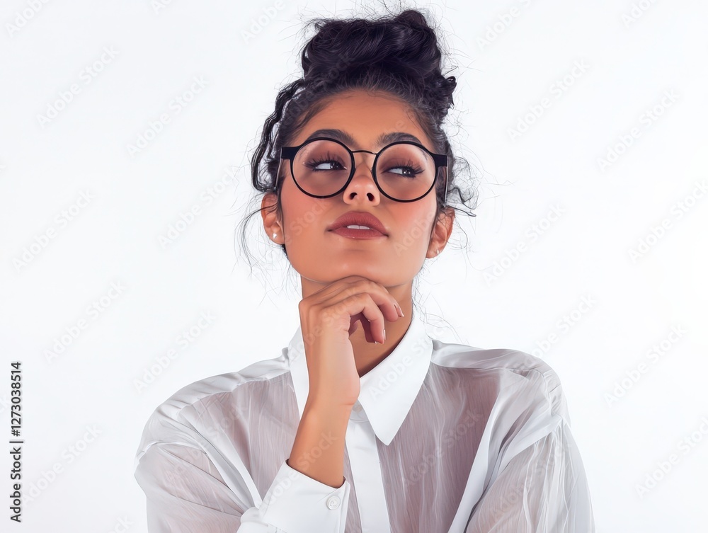 Dreamy woman wearing big round glasses and formal shirt touching her chin lookin away dreaming isolated on white background Dreamy woman wearing big round glasses and formal shirt touching her chin lookin away dreaming isolated on white background