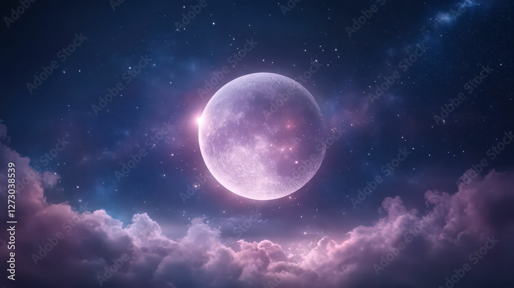 A stunning cosmic scene featuring a large moon surrounded by vibrant, colorful clouds and a starry night sky.
