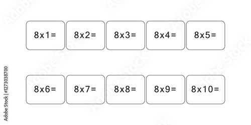 Multiplication and division table of 8. Maths card with an example, drawing. Multiplication Square, vector illustration. Printed products, banner, table for children, schoolchildren. School education.