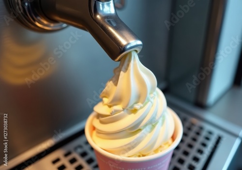 Soft serve ice cream being dispensed at a dessert shop in summer