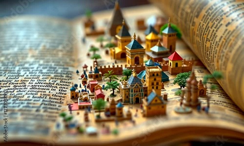 Wallpaper Mural Miniature city on open antique book, fantasy setting, storytelling backdrop Torontodigital.ca