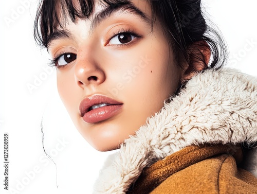 Portrait of young beautiful brown-eyed woman isolated on solid white background