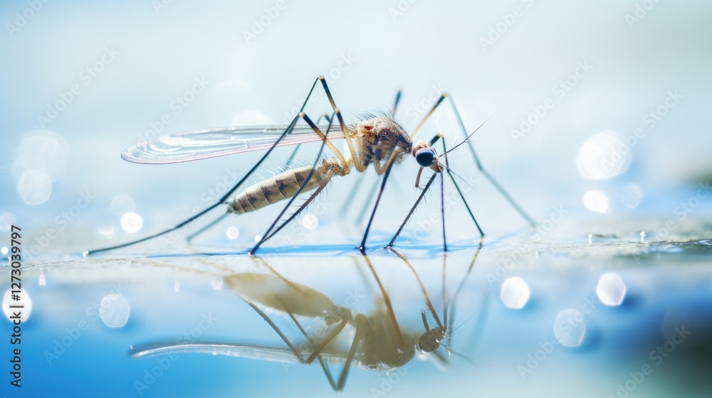 Macro view of mosquito standing, with a blue, bokeh background Macro view of mosquito standing, with a blue, bokeh background