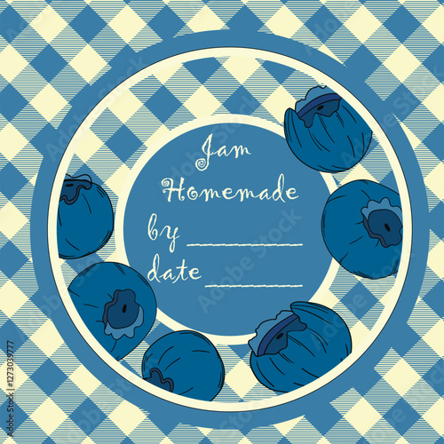 Template jam label design. Retro homemade label. Blueberry marmalade dessert product. Doodle vector illustration.
