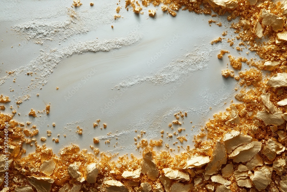 Fototapeta premium Abstract composition with delicate gold flakes scattered on a smooth, neutral surface, creating a luxurious and elegant aesthetic