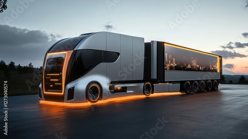 Futuristic truck, highway sunset, city lights, mobile bar, advertisement