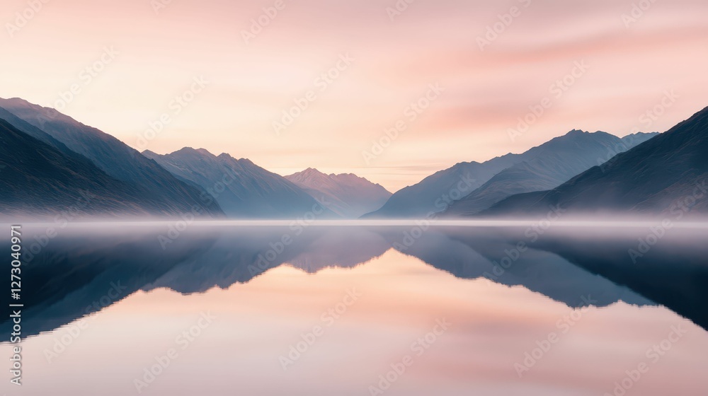 Fototapeta premium A serene landscape featuring misty mountains reflected in calm water during a pastel-colored sunrise.