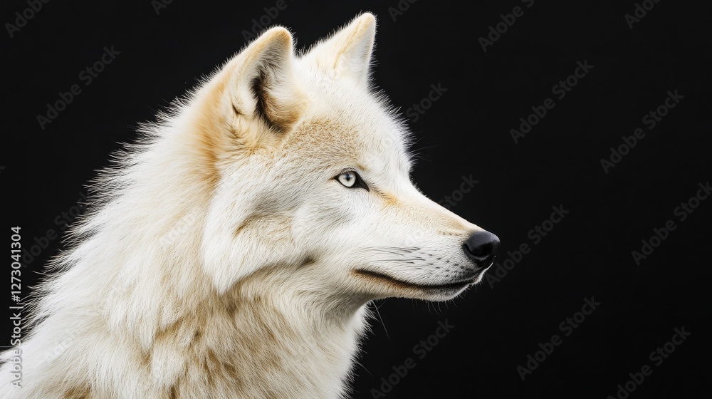 Fototapeta premium Arctic wolf portrait, piercing pale eyes, detailed white fur texture, black dramatic background, side profile view, studio lighting, wildlife photography, panoramic composition