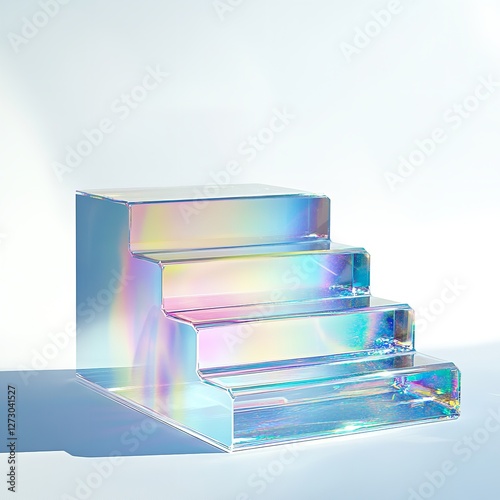 Iridescent Glass Tiered Display: Two Stacked, Round, Iridescent Glass Platforms against a Soft, Blurry Background with Rainbow Light Refractions, Emphasizing Modern Design, Transparency, and Play of L