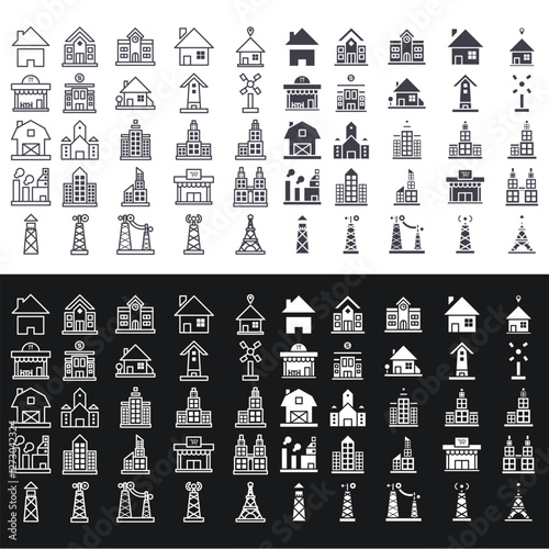 Line art and silhouette building icon set design