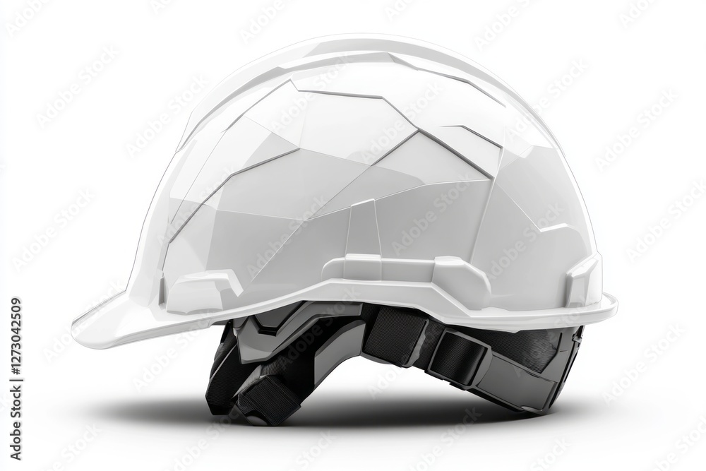 A glossy white construction helmet displayed on a clean background, featuring a modern geometric design. A glossy white construction helmet displayed on a clean background, featuring a modern geometric design.