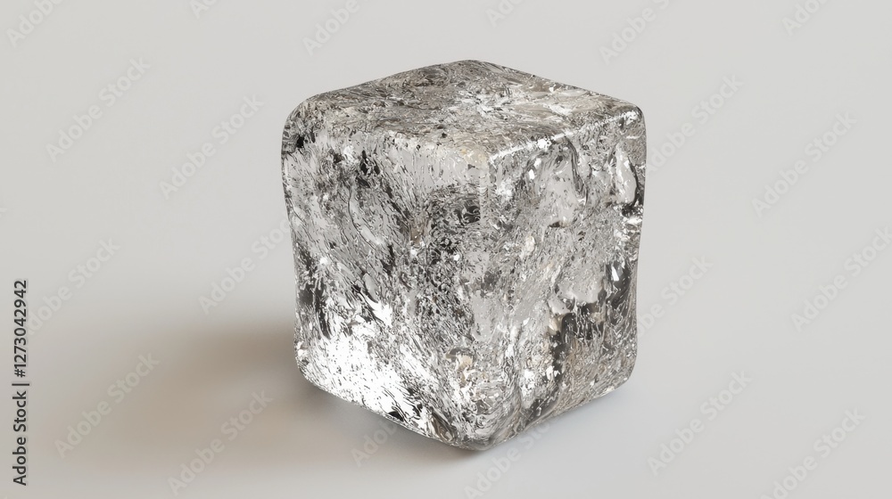 Miniature ice cube with melting droplets, highly detailed textures against white. Miniature ice cube with melting droplets, highly detailed textures against white.