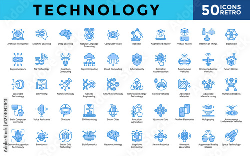 Technology icons set with artificial intelligence, machine learning, deep learning, natural language processing, computer vision, robotics, augmented reality icon. Simple retro vector 
