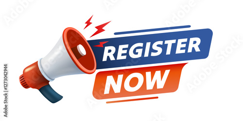 Register now message, megaphone announces news, banner service. Vector illustration